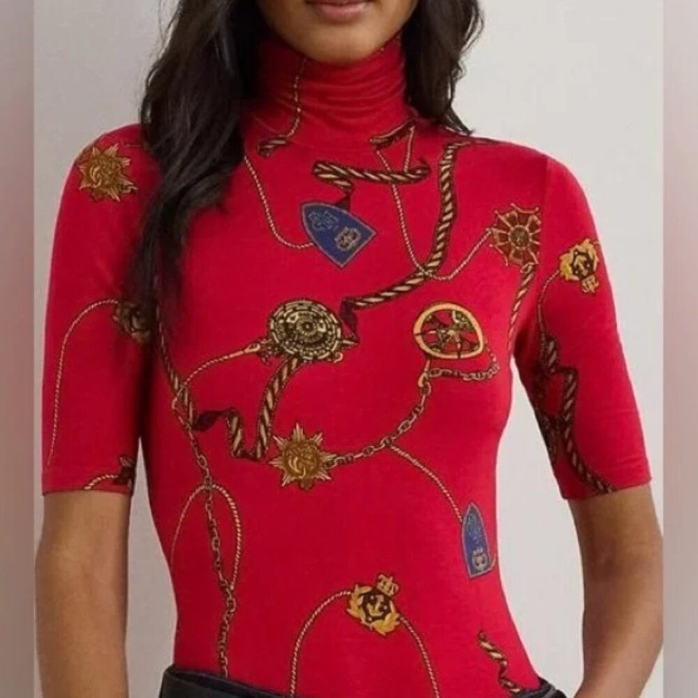 Lauren Ralph Lauren Women’s Plus Size 2X Red Nautical Turtleneck Top Blouse NWT